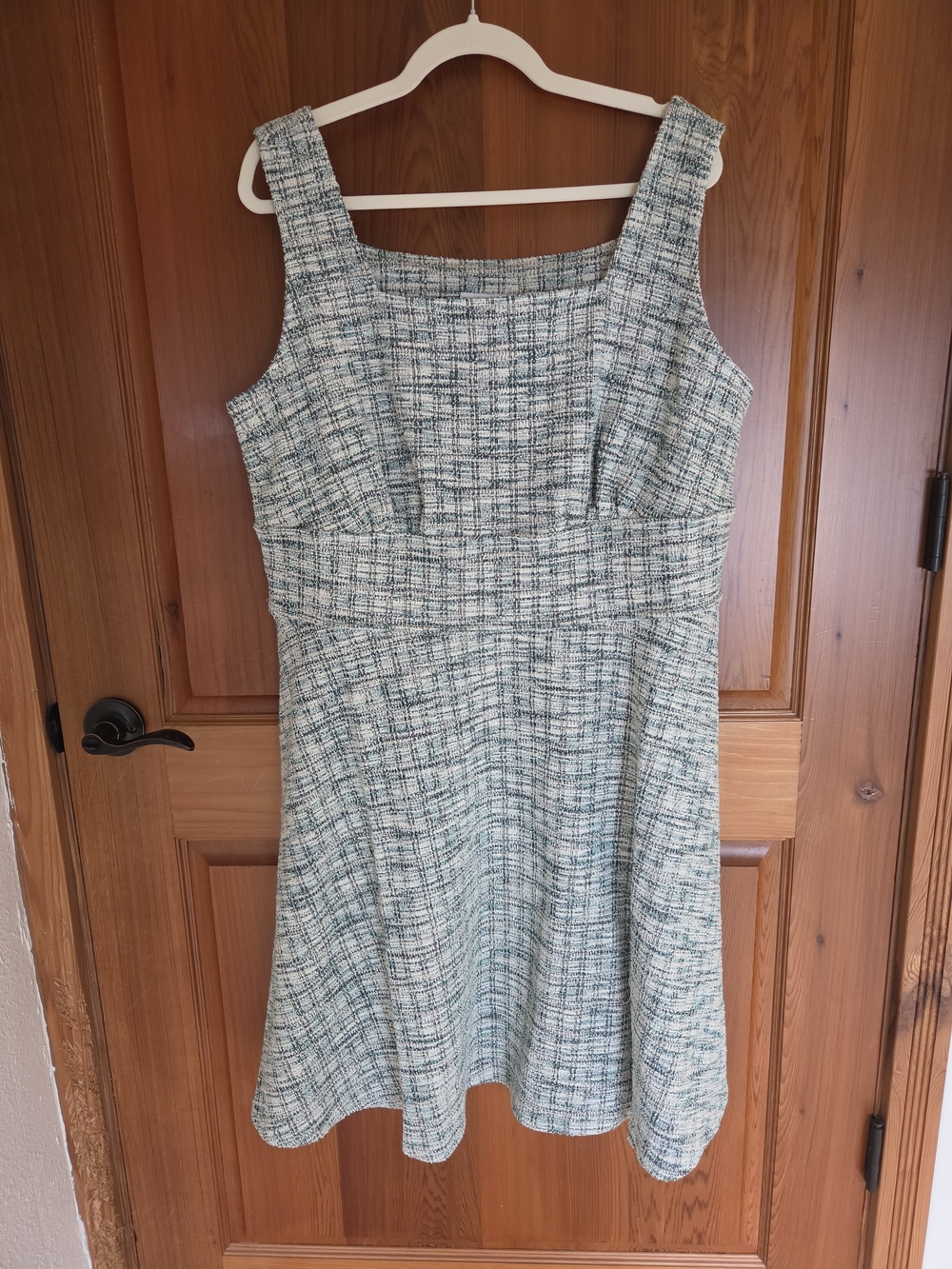 NEW, Leota Cream and Light Blue Tweed Square-Neck Dress
